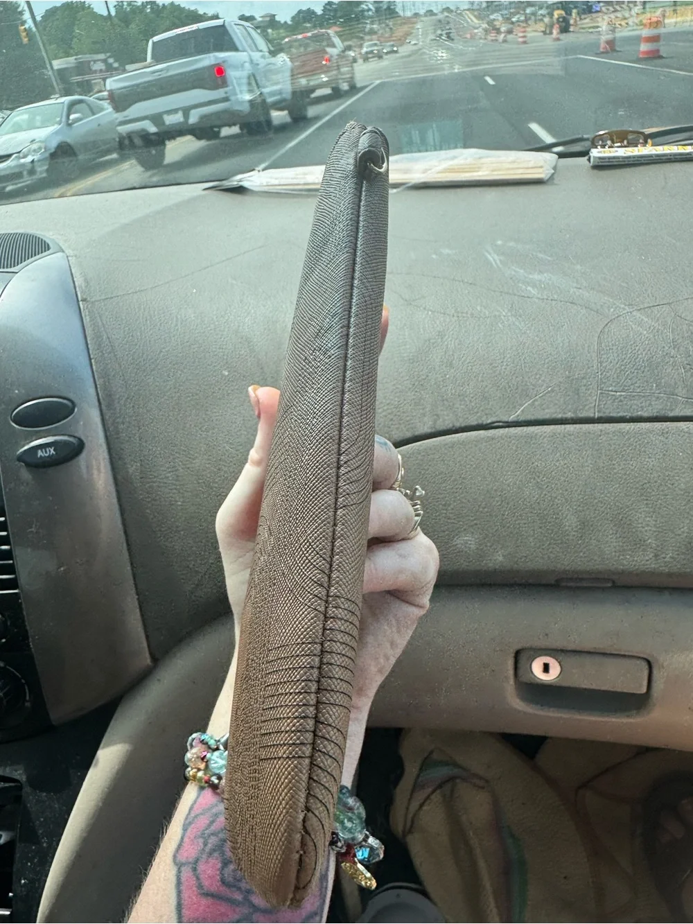 24/7 Tan Embossed Crossbody Phone Pouch with Gold Accents